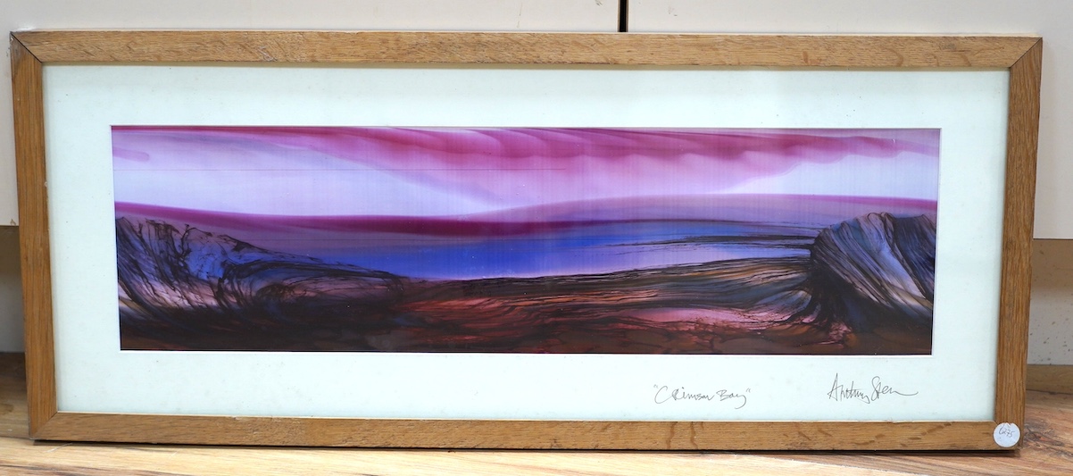 Anthony Stern (1944 -2022), contemporary art glass panel, ‘Crimson Bay’, framed, signed in pencil, 17 x 59cm. Condition - good, would benefit from a clean